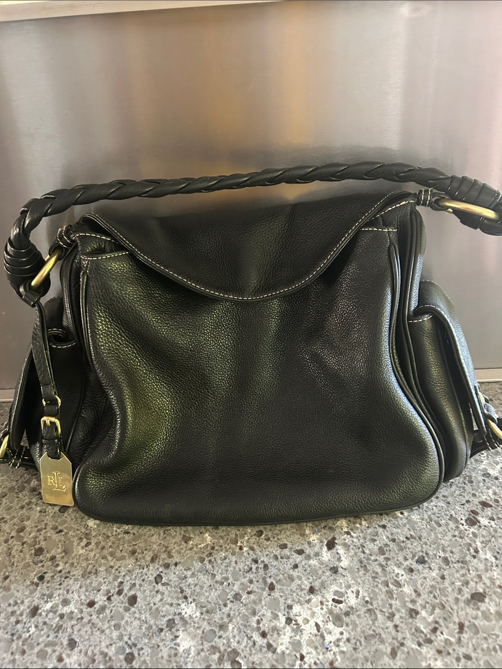 Lauren Ralph Lauren Black Pebbled Leather Shoulder Bag with Braided Handle
